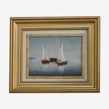 Sail Boats In The Ocean Antique Oil Painting