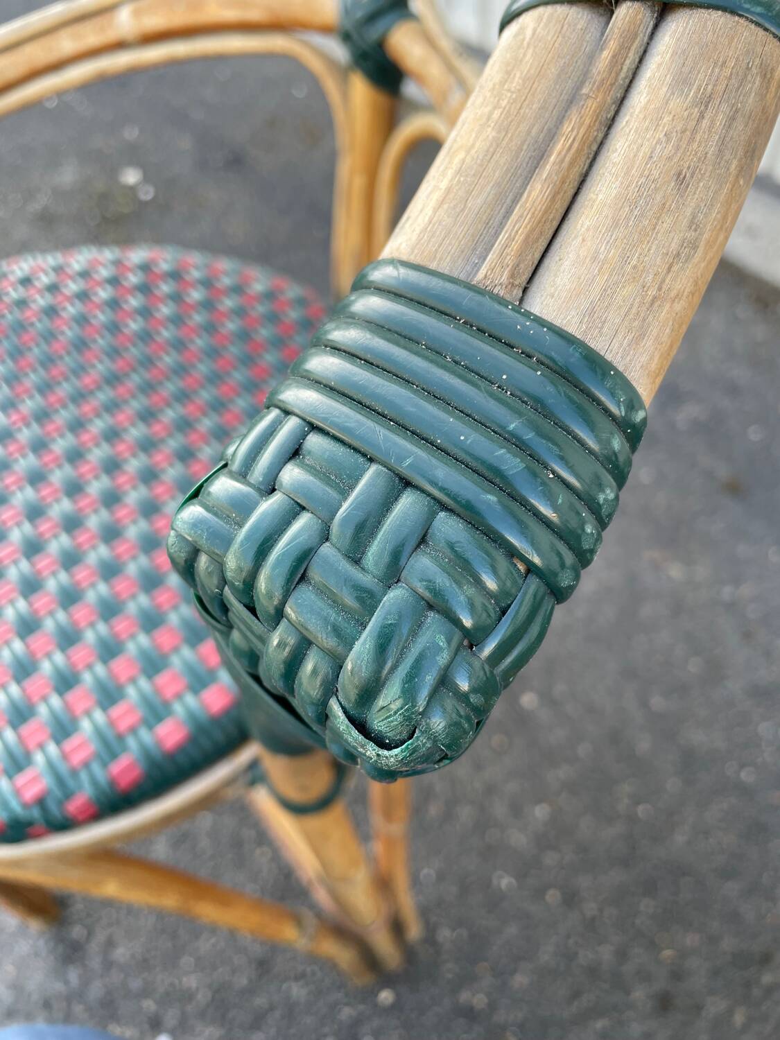 Pair of bistro chairs in bamboo and two-tone weaving