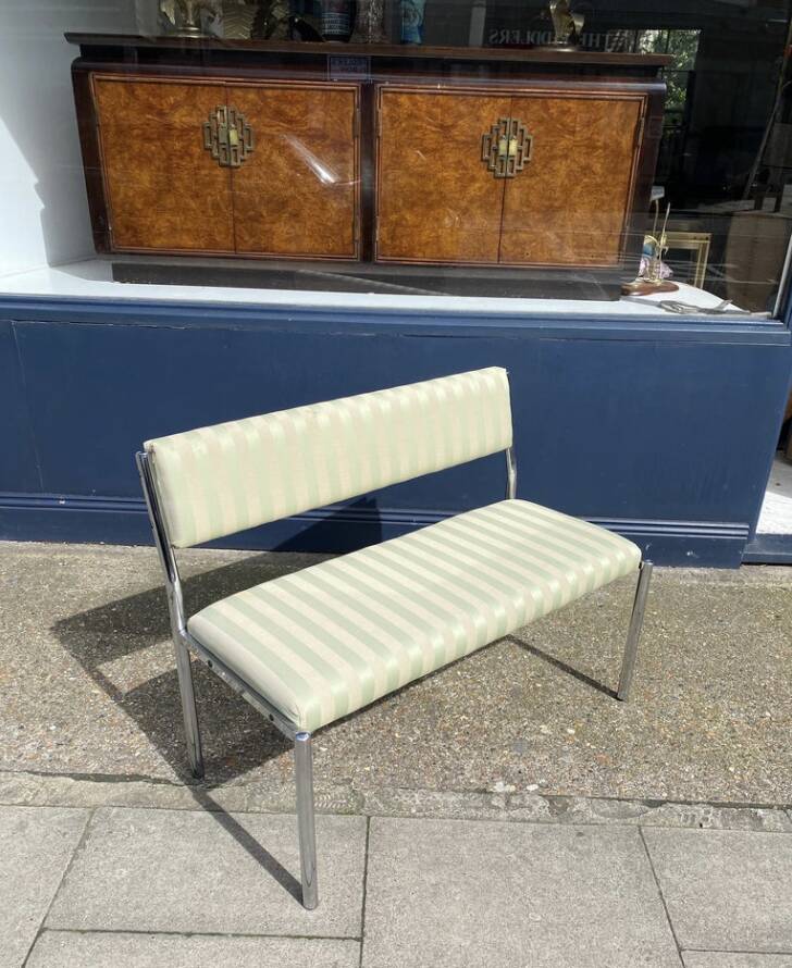 Chrome Bench Green Stripped 1970s Hollywood Regency Modernist Vintage