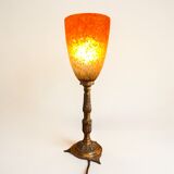 Art Nouveau lamp in bronze and orange marbled glass, 1920.