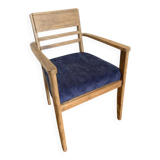 Art Deco armchair in solid wood and blue corduroy fabric