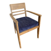 Fauteuil art déco en bois massif et tissu velours côtelé bleu