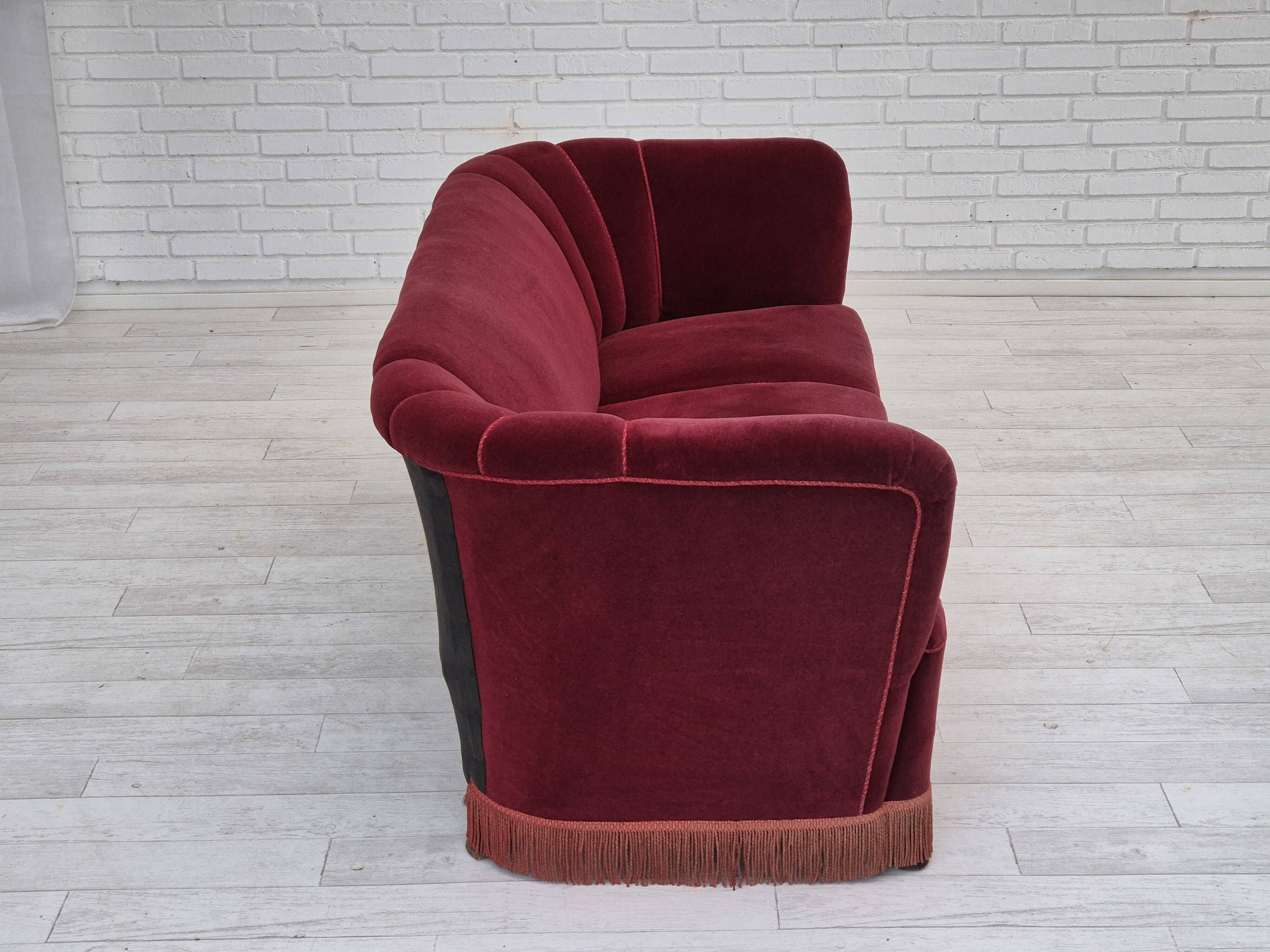 1960s, Danish 3 seater sofa, original condition, cherry-red furniture velour.