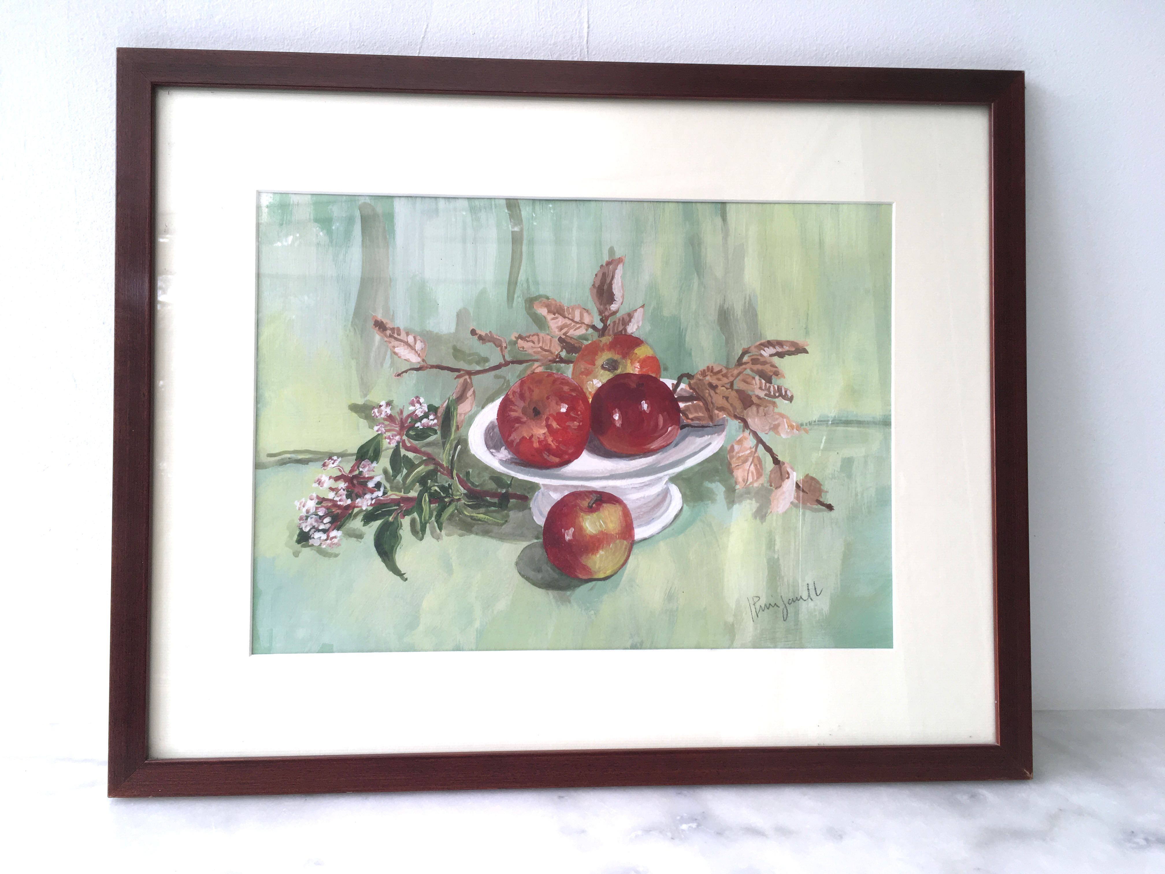Watercolor painting apples elderflowers