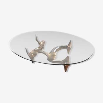 Table basse en bronze et verre avec sculpture féminine par Victor Roman