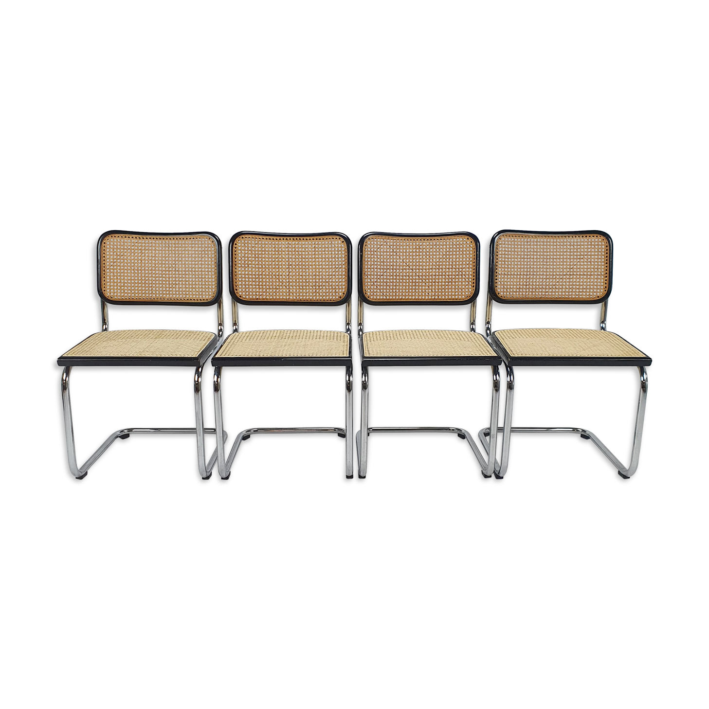 Set of 4 Tubular Frame and Cane Cantilever dining chairs, Italy, 1970s