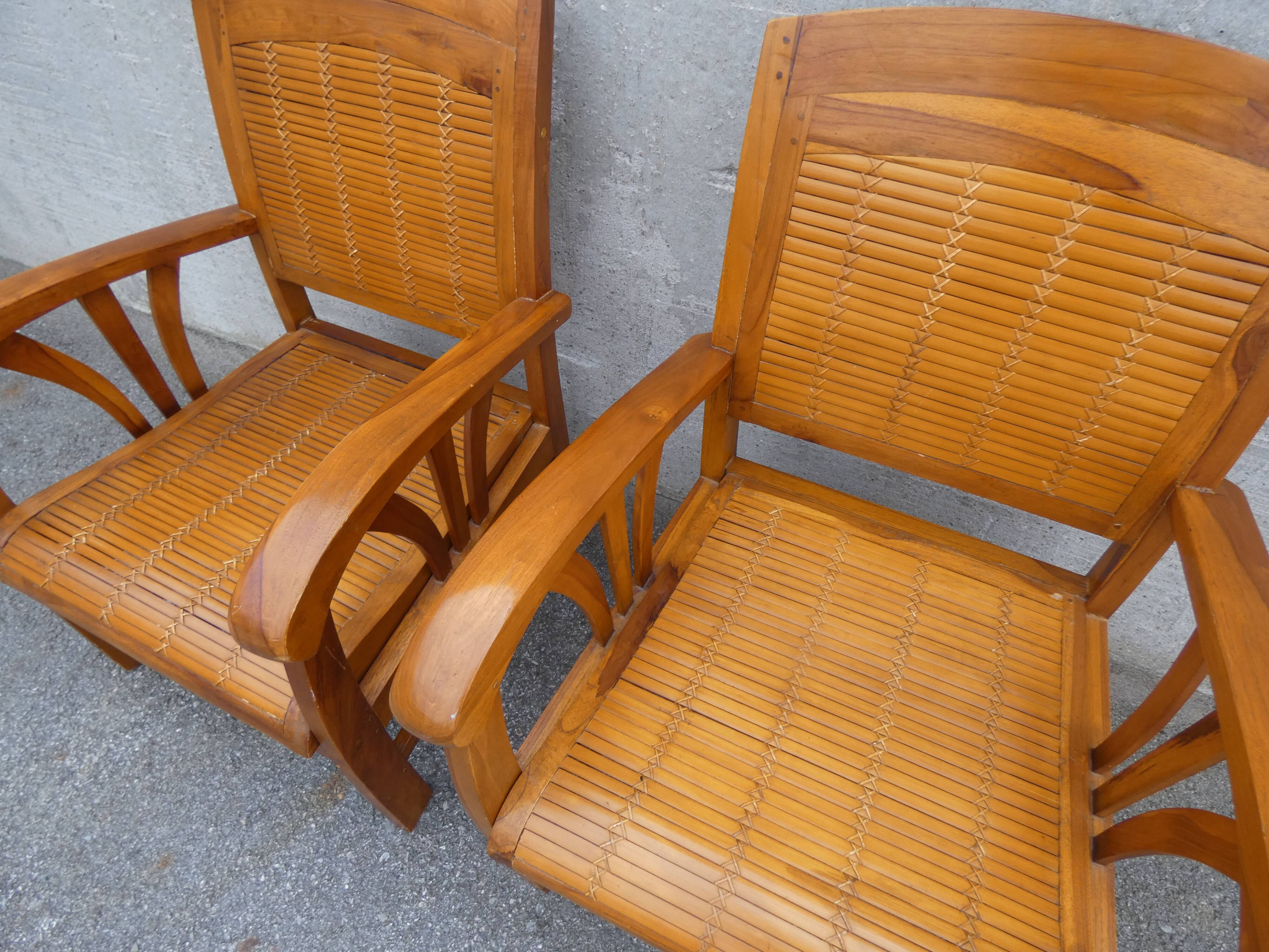 2 colonial bamboo and teak armchairs