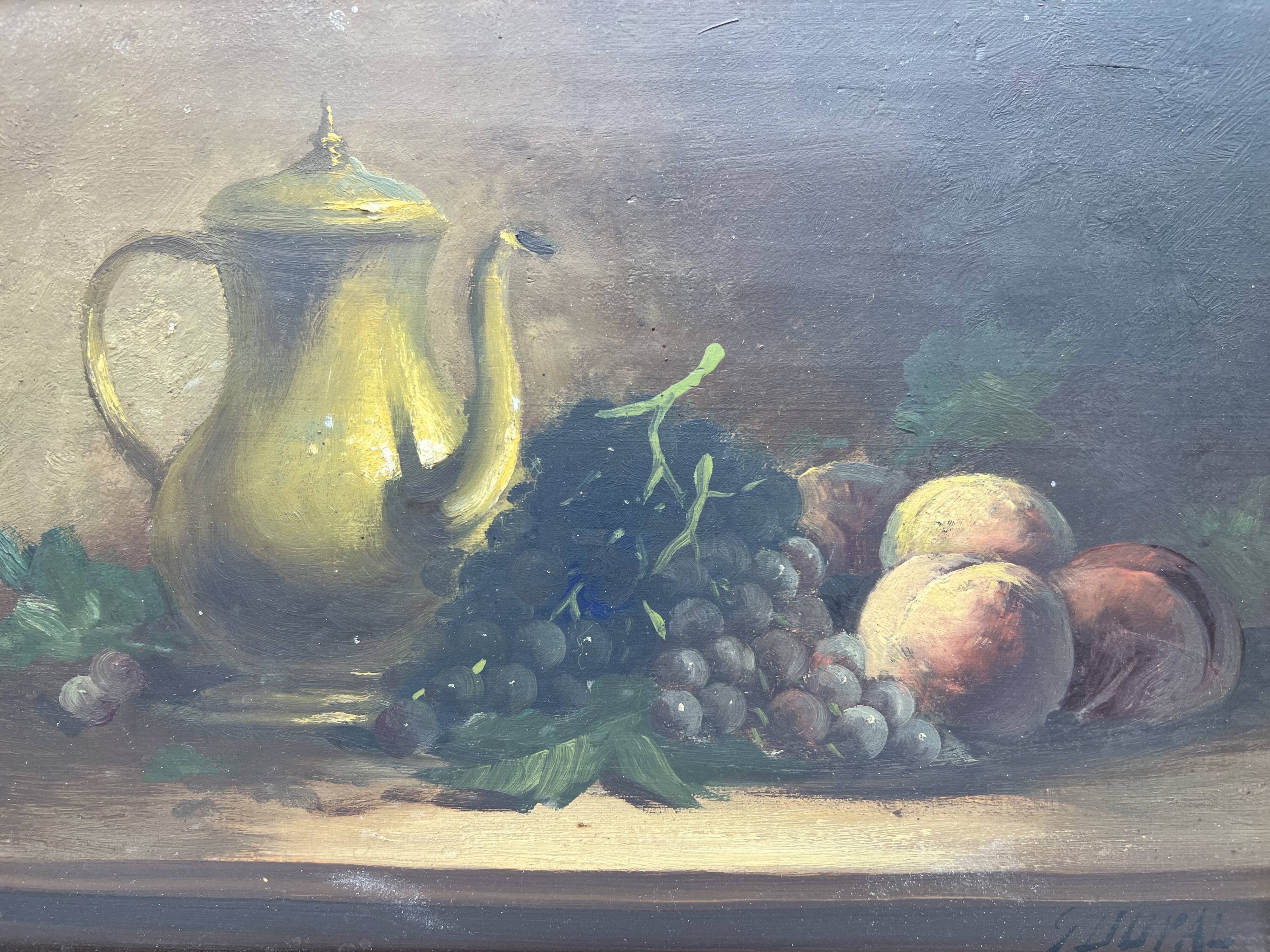 Still life painting with fruit and teapot