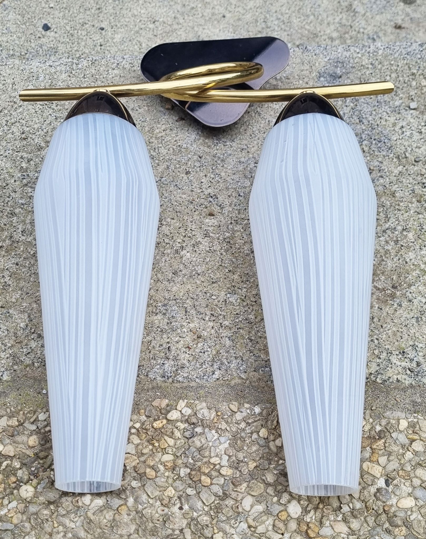 Pair of wall lamps, brass and opaline, vintage, Maison Lunel, 50s