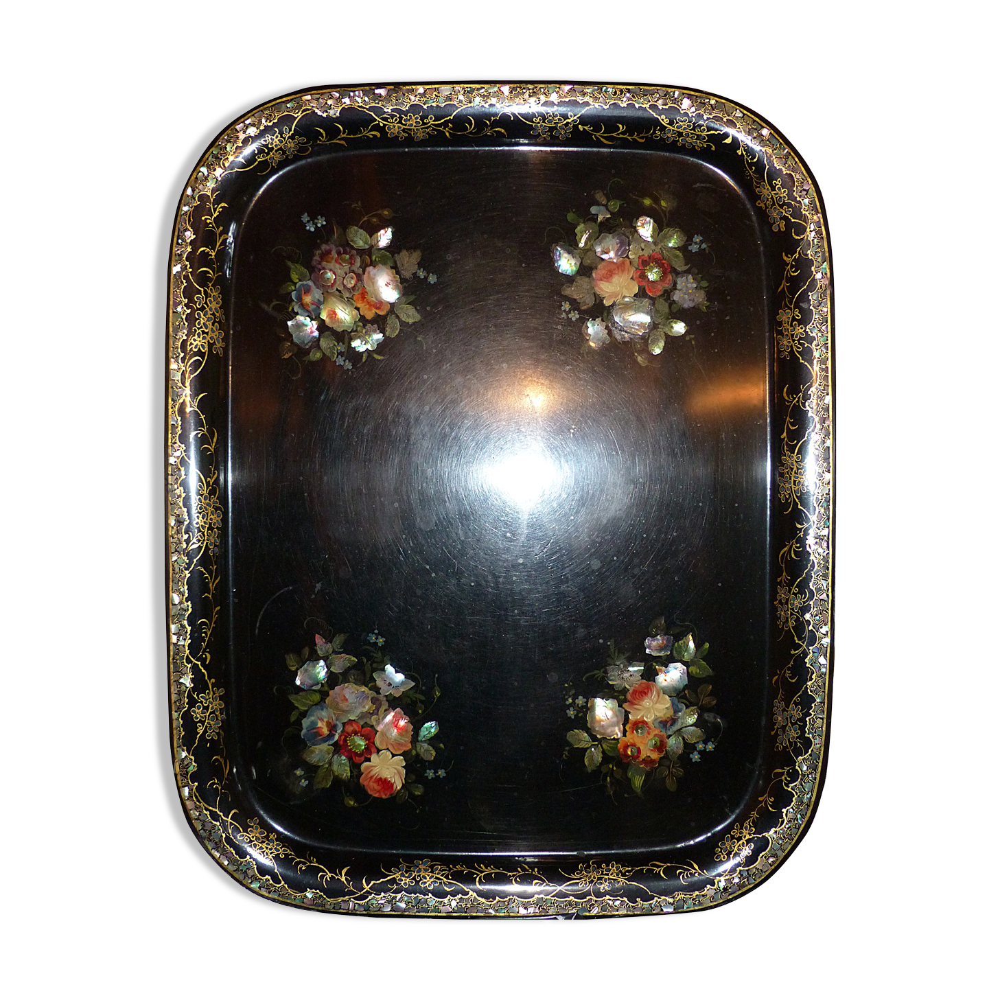 Old Napoleon III pink and mother-of-pearl inlaid tray