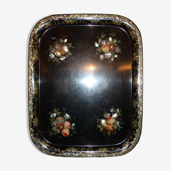 Old Napoleon III pink and mother-of-pearl inlaid tray