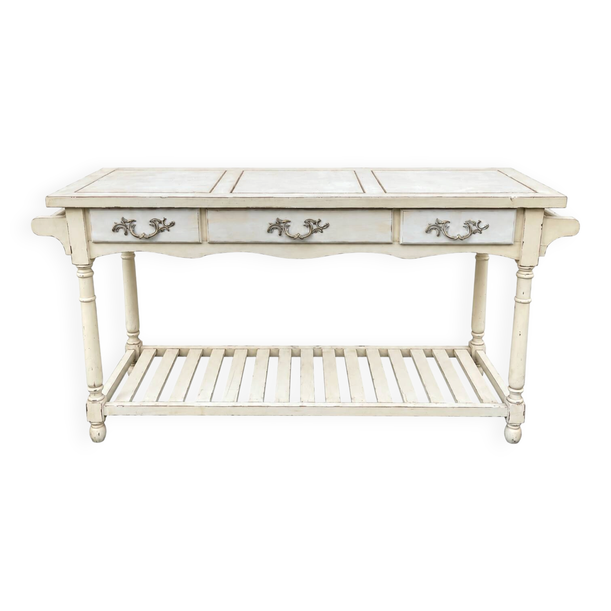 Console in painted wood, off-white patina, 3 drawers, lower shelf.