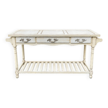 Console in painted wood, off-white patina, 3 drawers, lower shelf.