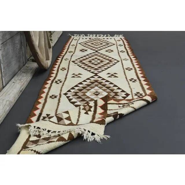 1970s Vintage Turkish Hand-Knotted Wool Cotton Beige Runner Rug 92x355