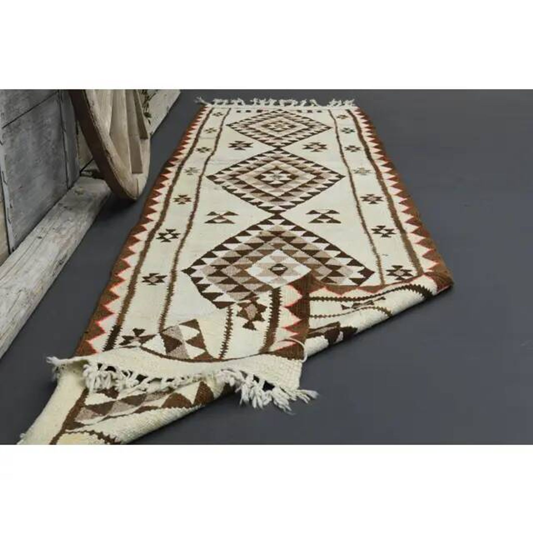 1970s Vintage Turkish Hand-Knotted Wool Cotton Beige Runner Rug 92x355