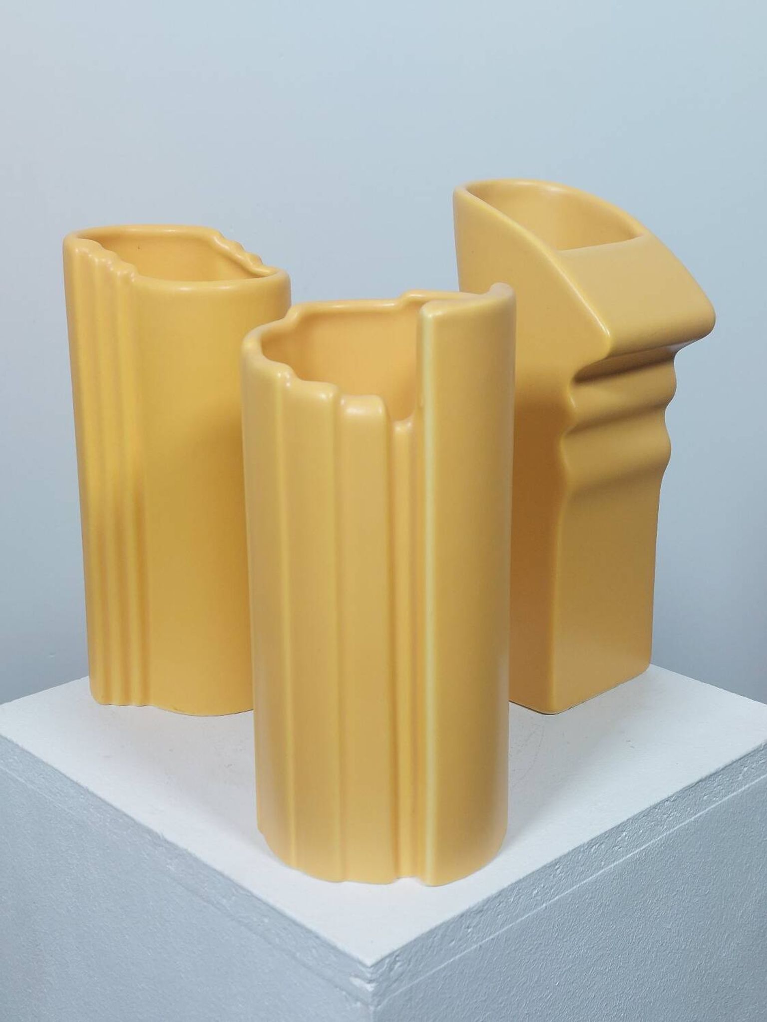 Three yellow vases in Memphis style by ASA Germany.