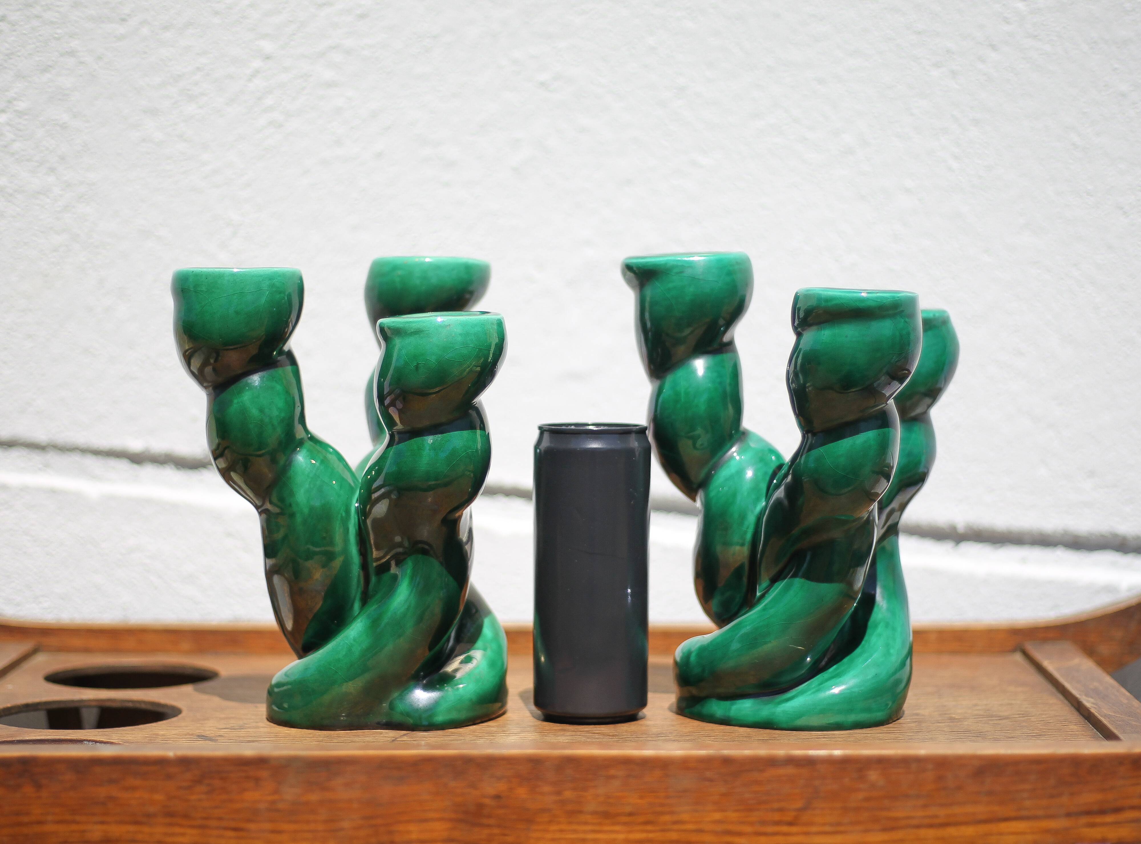 Pair of twisted green ceramic candlesticks, 3-branched candlestick, Vallauris style emerald candelabra