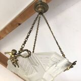 Art Deco Chandelier/Ceiling Light/Cast Glass Pyramid Shape & Angelo Frame