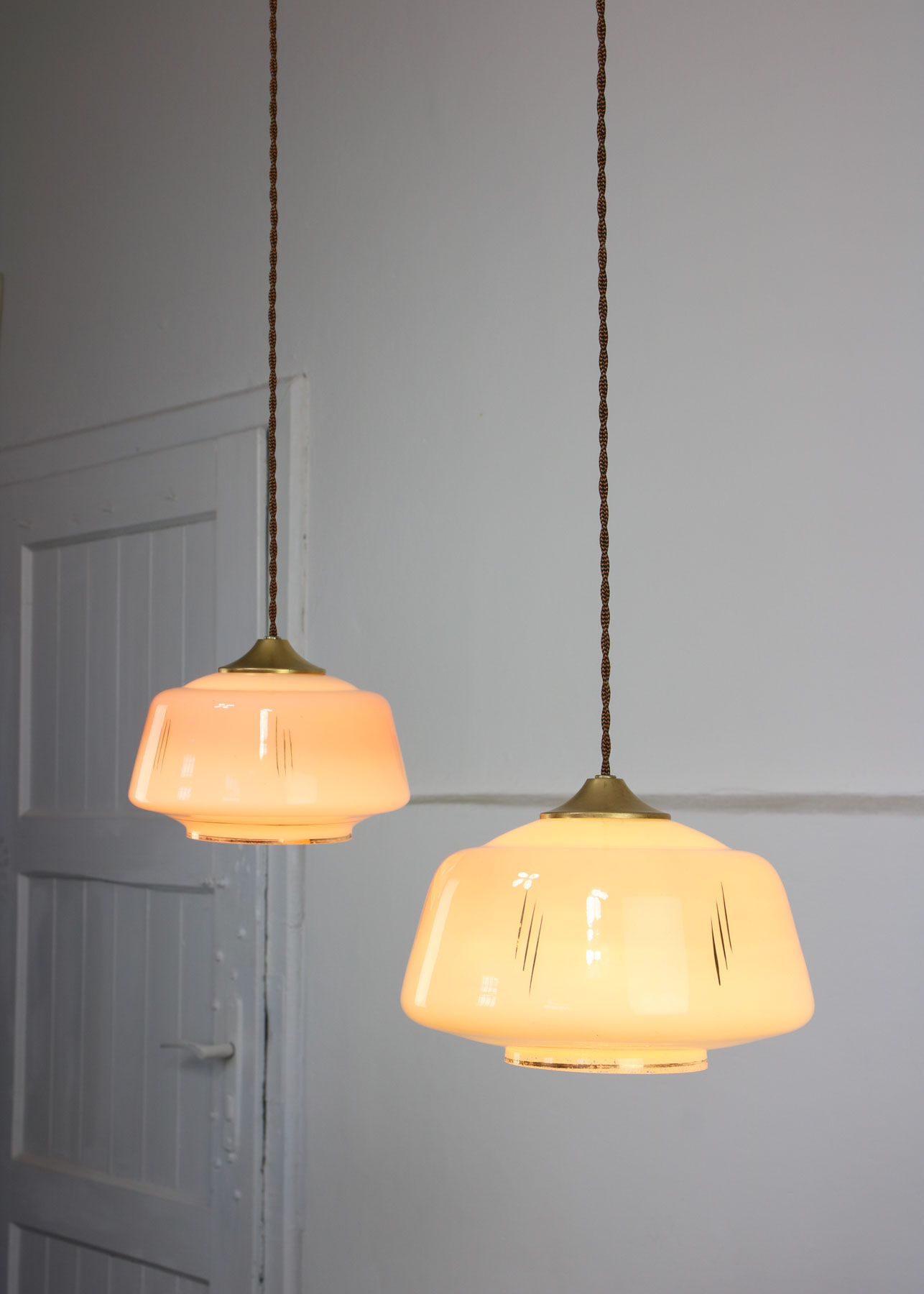 Mid-century glass & brass pendant lamps, set of 2