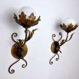 Pair of floral wall lamps by Ferro Arte, Gold leaf and opaline, Spain, 1960