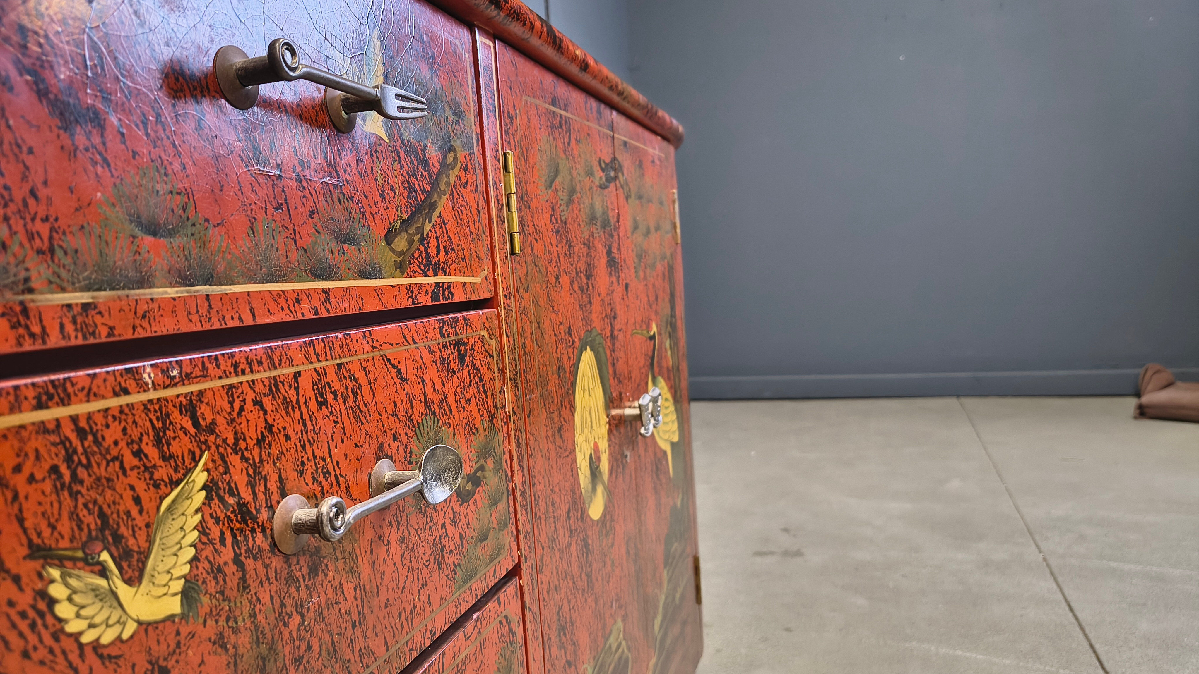 Vintage red chinoiserie cabinet, 1970s