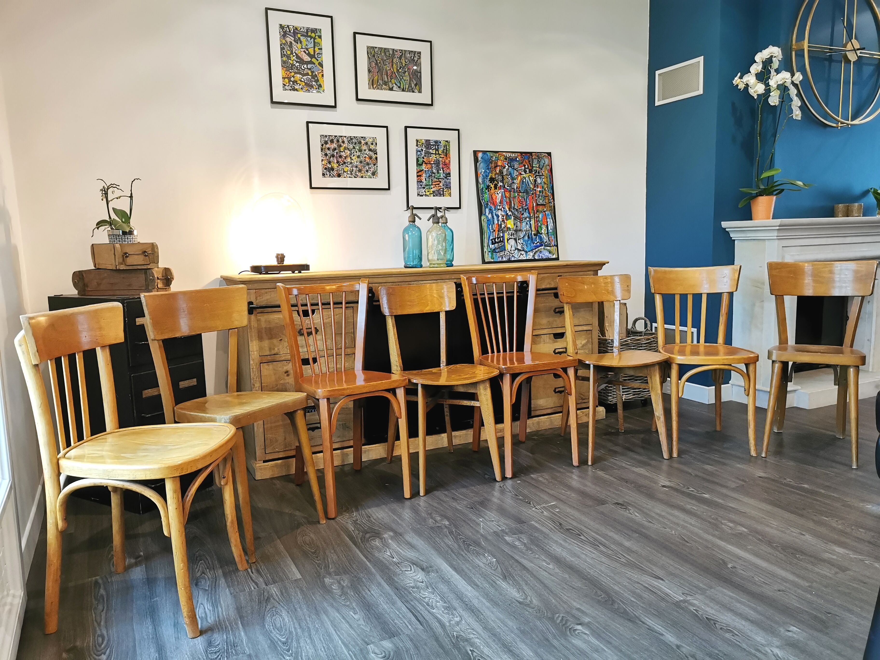 Series of 10 mismatched bistro chairs