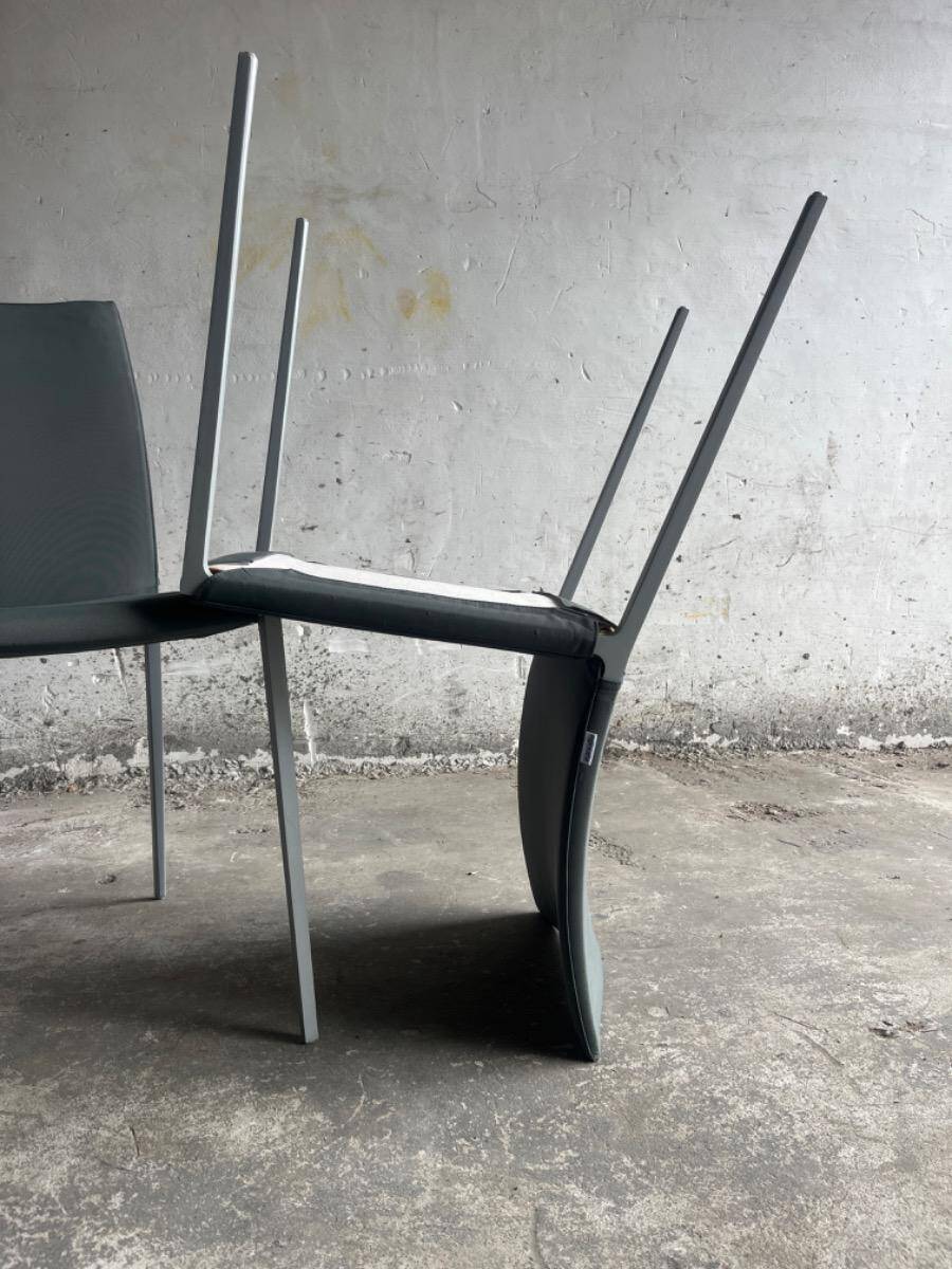 Set of 5 Zanotta 'Lia' chairs — matt aluminum frame with dark grey leather seats, Italian minimalist design