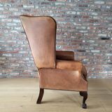 Antieke cuir Chesterfield wingback ourfauteuil Chippendale style cognac