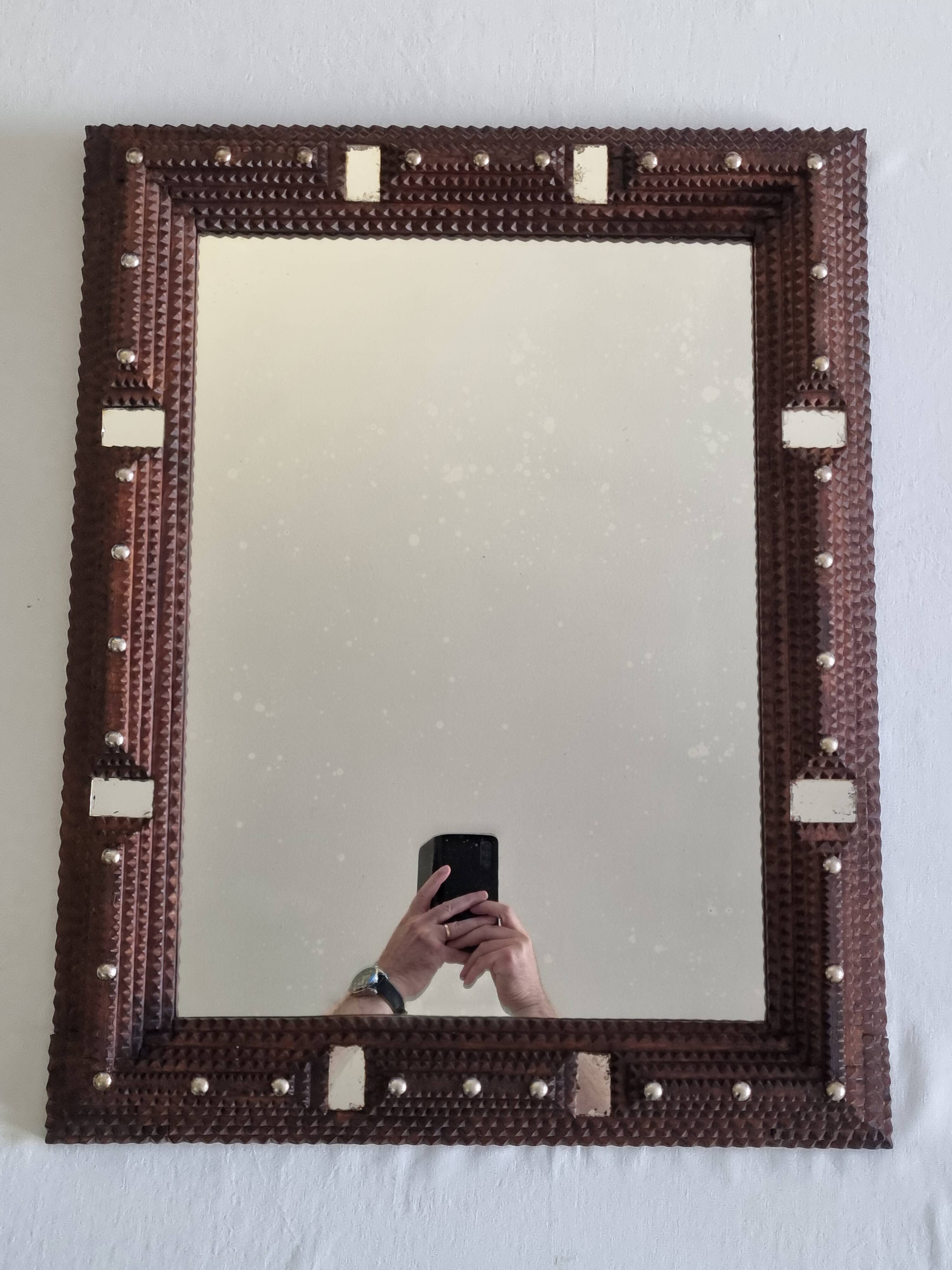 19th century Tramp Art mirror in hand-carved wood, original glass 69 x 50 cm