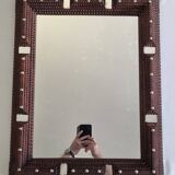 19th century Tramp Art mirror in hand-carved wood, original glass 69 x 50 cm