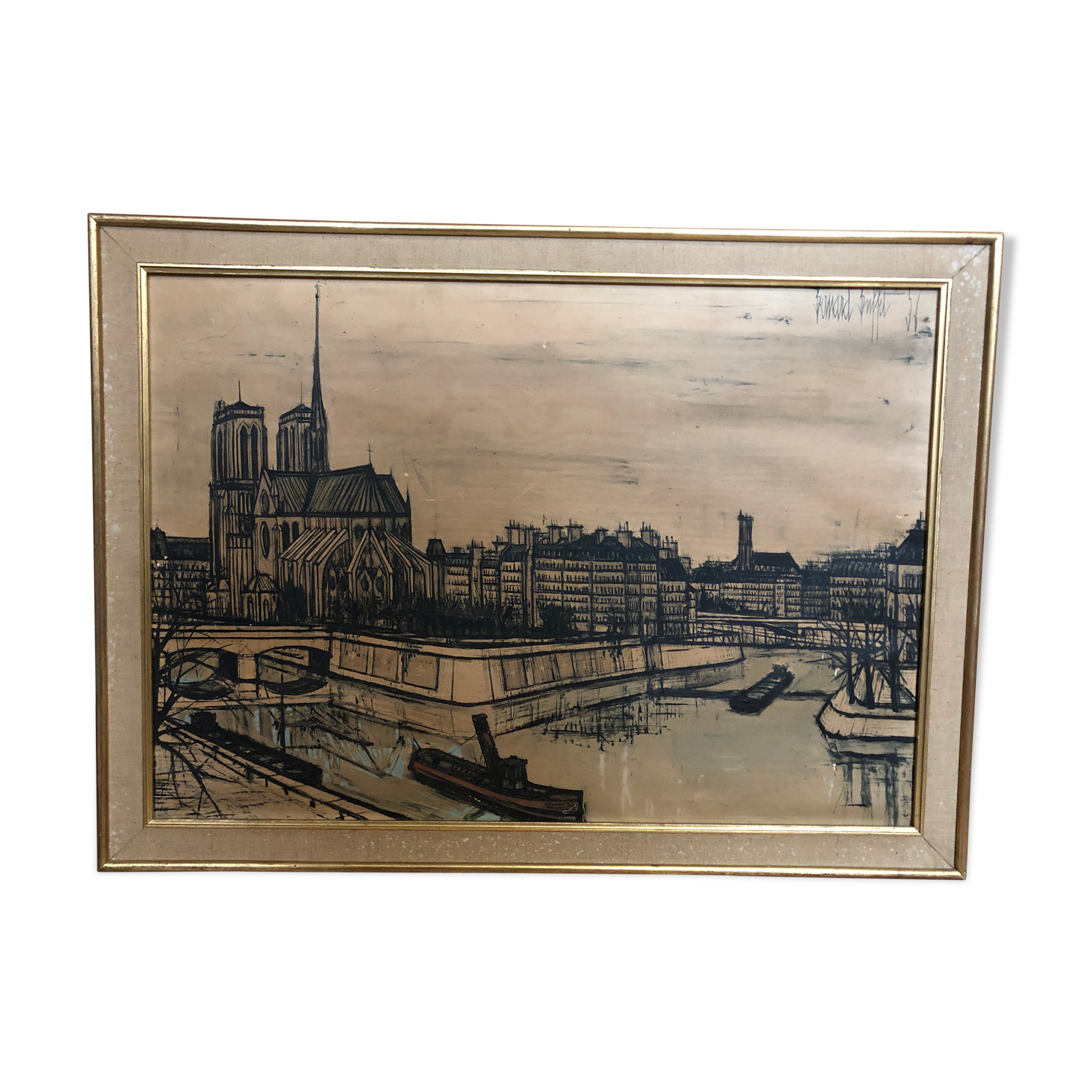 Old painting on canvas buffet 56 Notre Dame Paris + vintage wooden frame