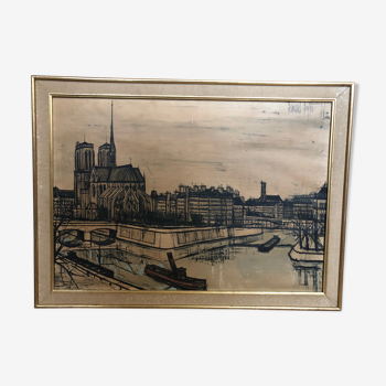 Old painting print on canvas buffet 56 notre dame paris + vintage wood frame