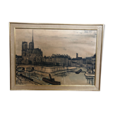 Ancien tableau tirage sur toile buffet 56 notre dame paris + cadre bois vintage