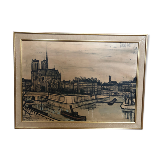 Old painting on canvas buffet 56 Notre Dame Paris + vintage wooden frame