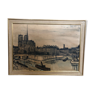 Old painting print on canvas buffet 56 notre dame paris + vintage wood frame