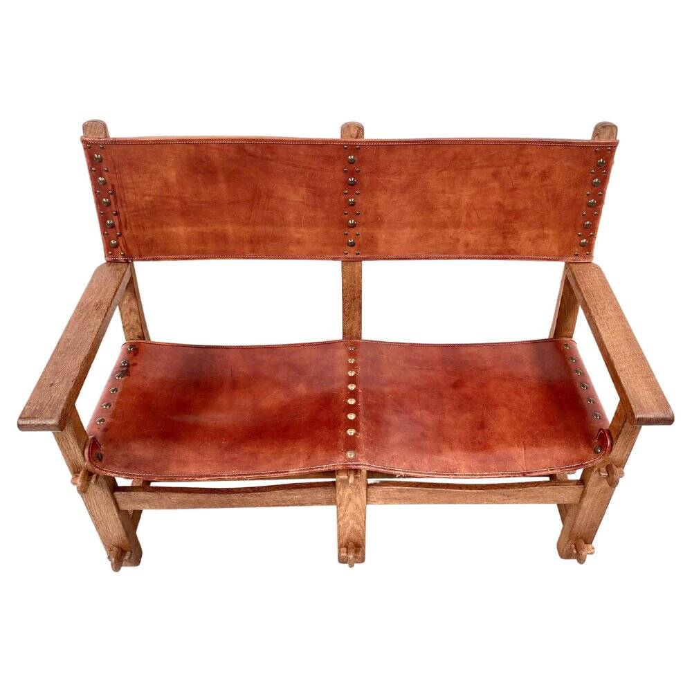 Vintage French Handmade Castle Bench in Oak and Cognac Leather, 1960s.