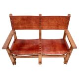 Vintage French Handmade Castle Bench in Oak and Cognac Leather, 1960s.