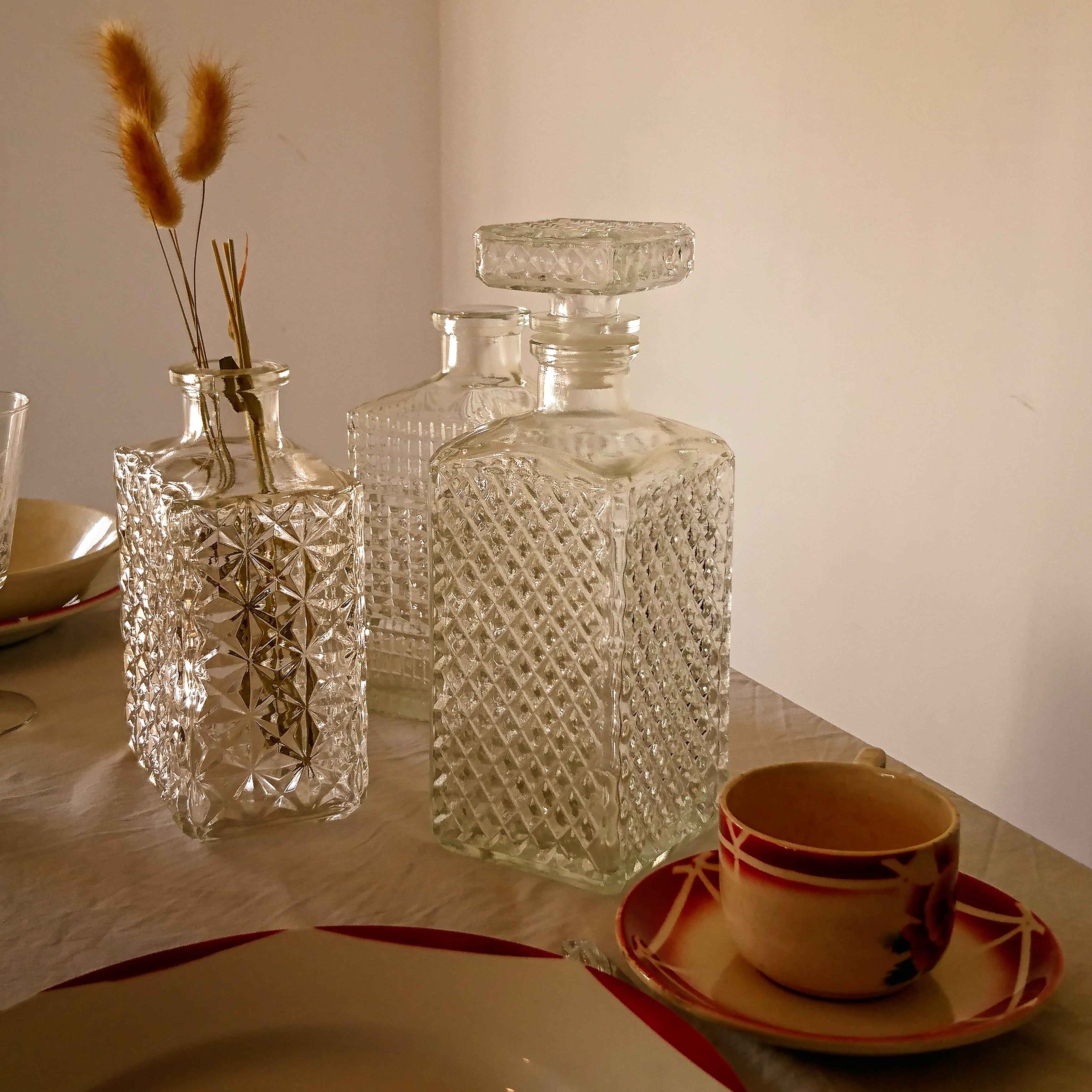 Carved glass decanter registered model made in France""