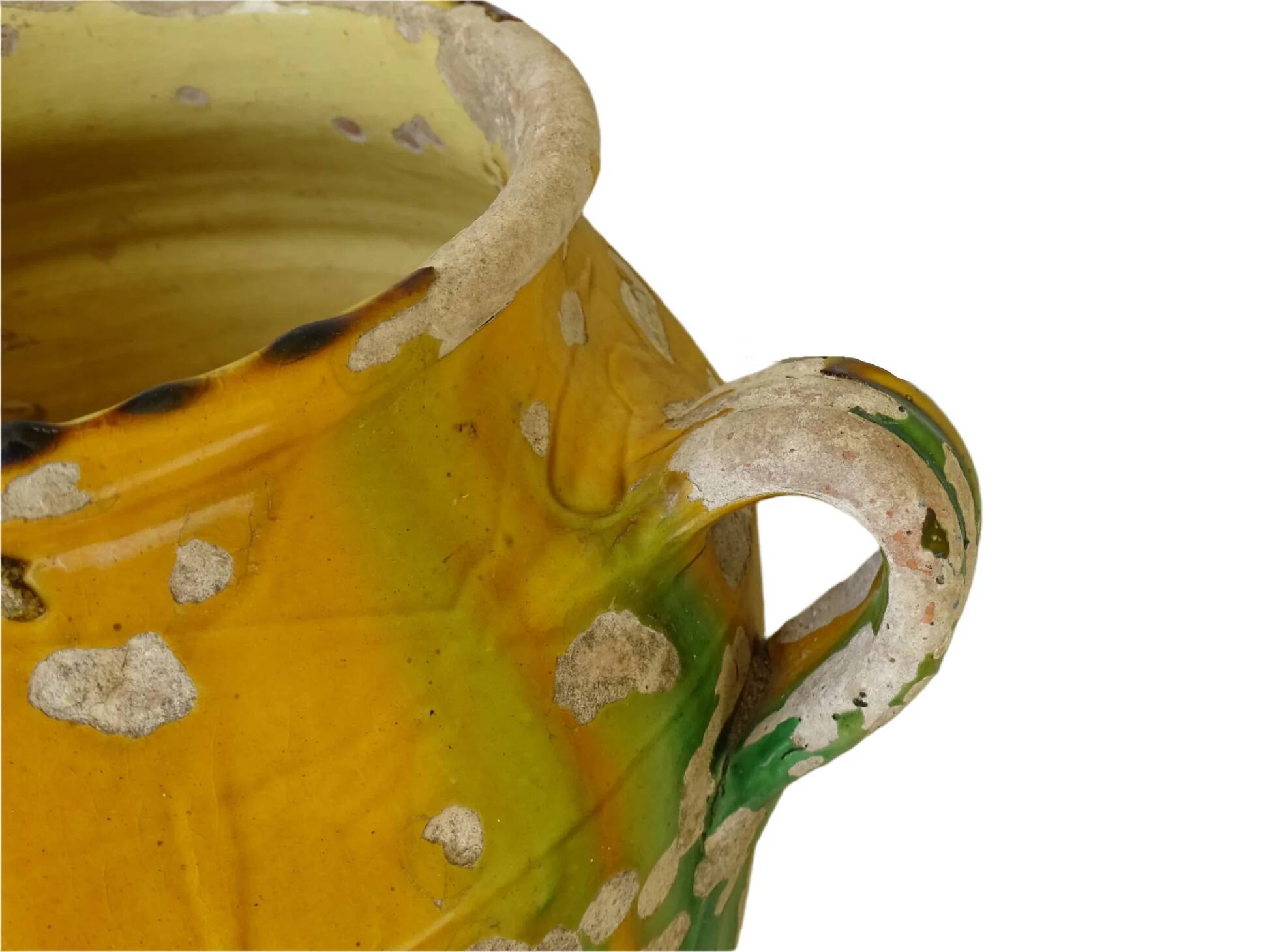 Grande vinaigrette ancienne française à glaçure jaune et verte à motif de pot à confit