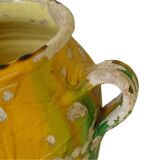 Grande vinaigrette ancienne française à glaçure jaune et verte à motif de pot à confit