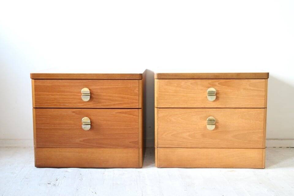 Pair of mid-century brown teak bedside tables, set of 2, 2 drawers.