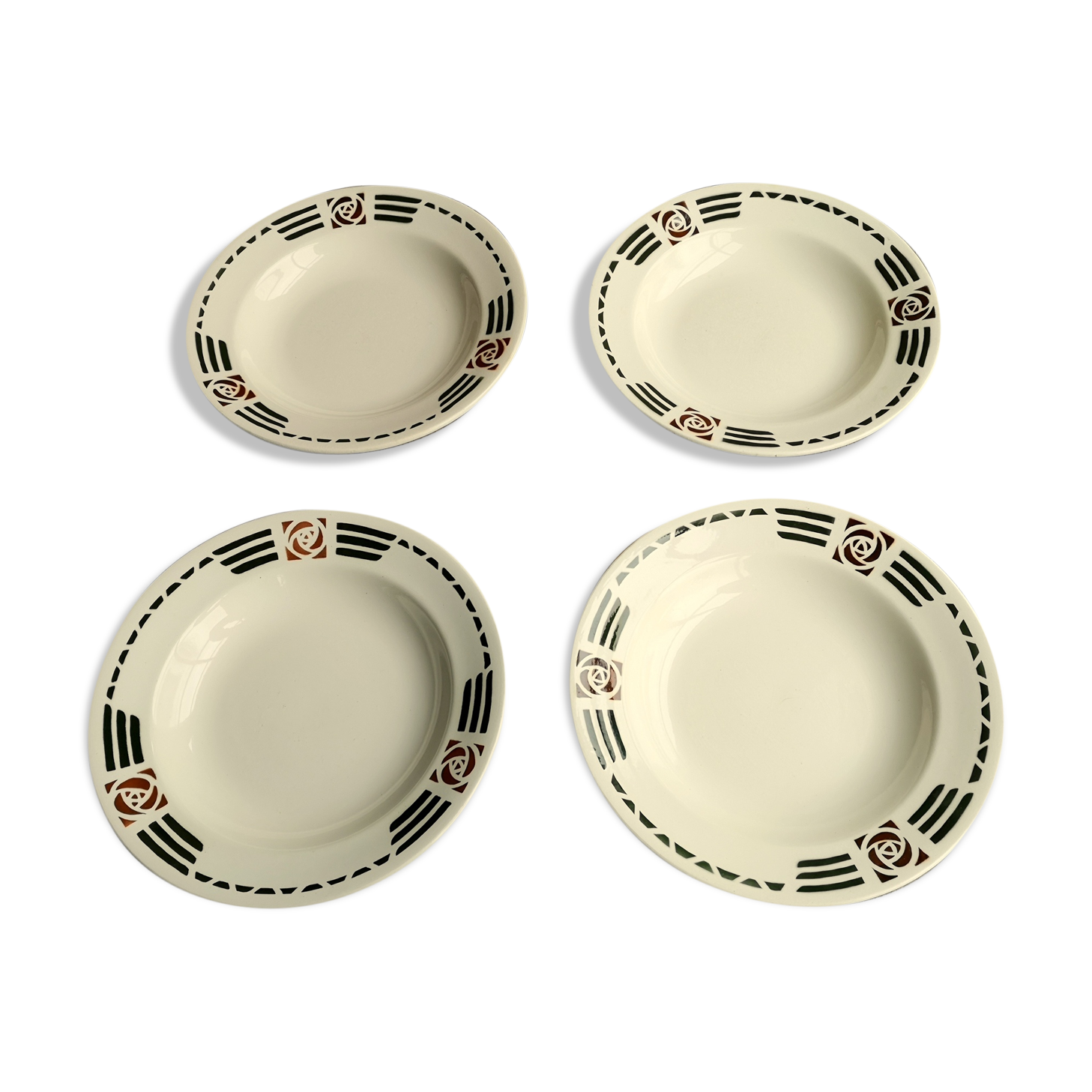 4 Soup Plates Faience from Salins Decor Green and Orange