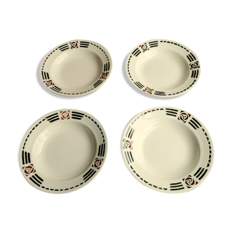 4 Soup Plates Faience from Salins Decor Green and Orange