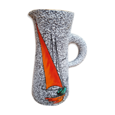 Pichet granité banc-gris décor bateau orange année 60