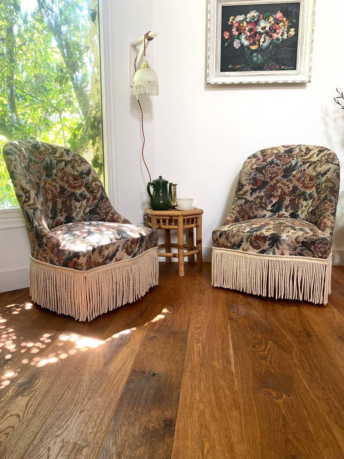 Pair of antique tapestry toad armchairs