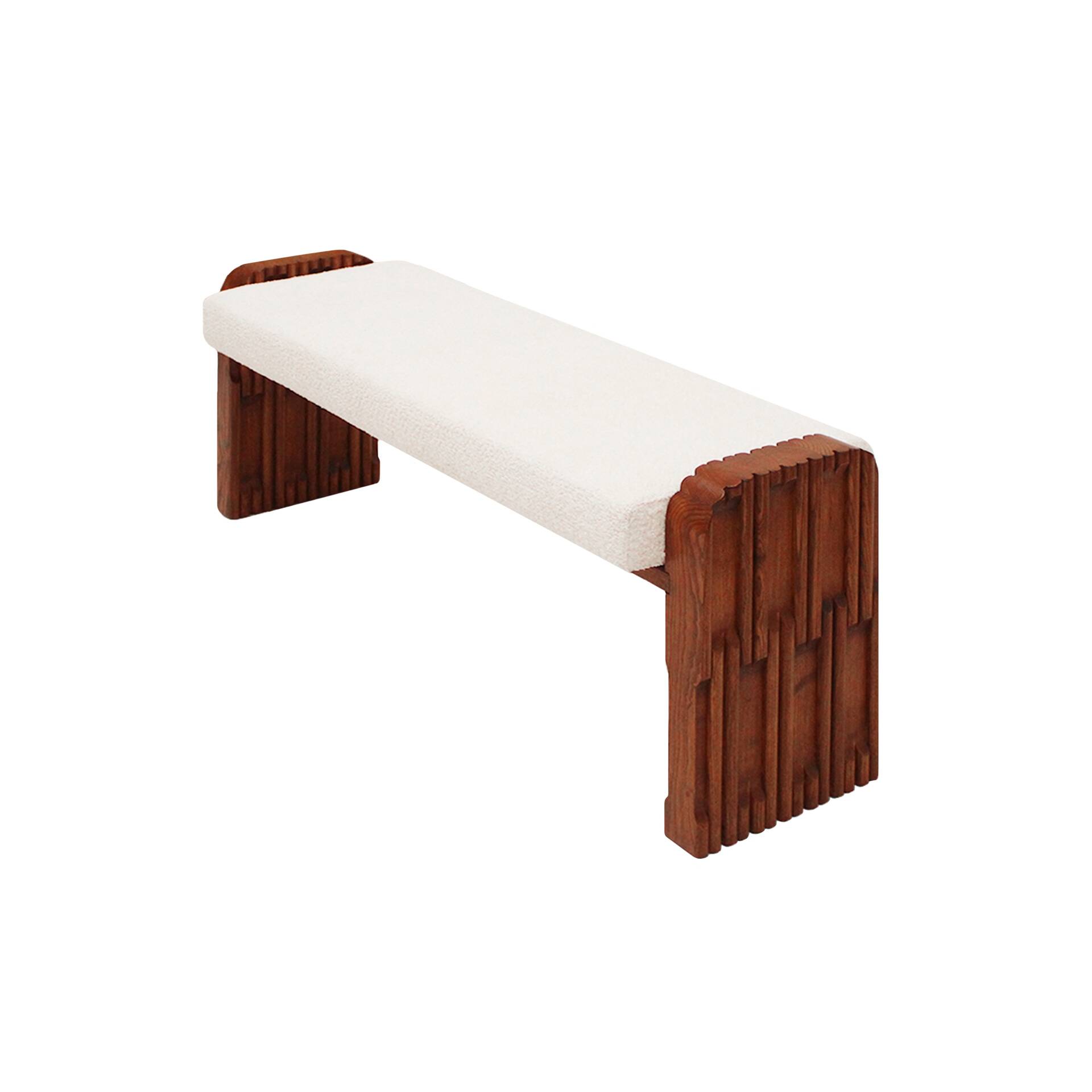 Brutalist Style Sculptural Oak Supports and Ivory Bouclé Upholstery Bench,