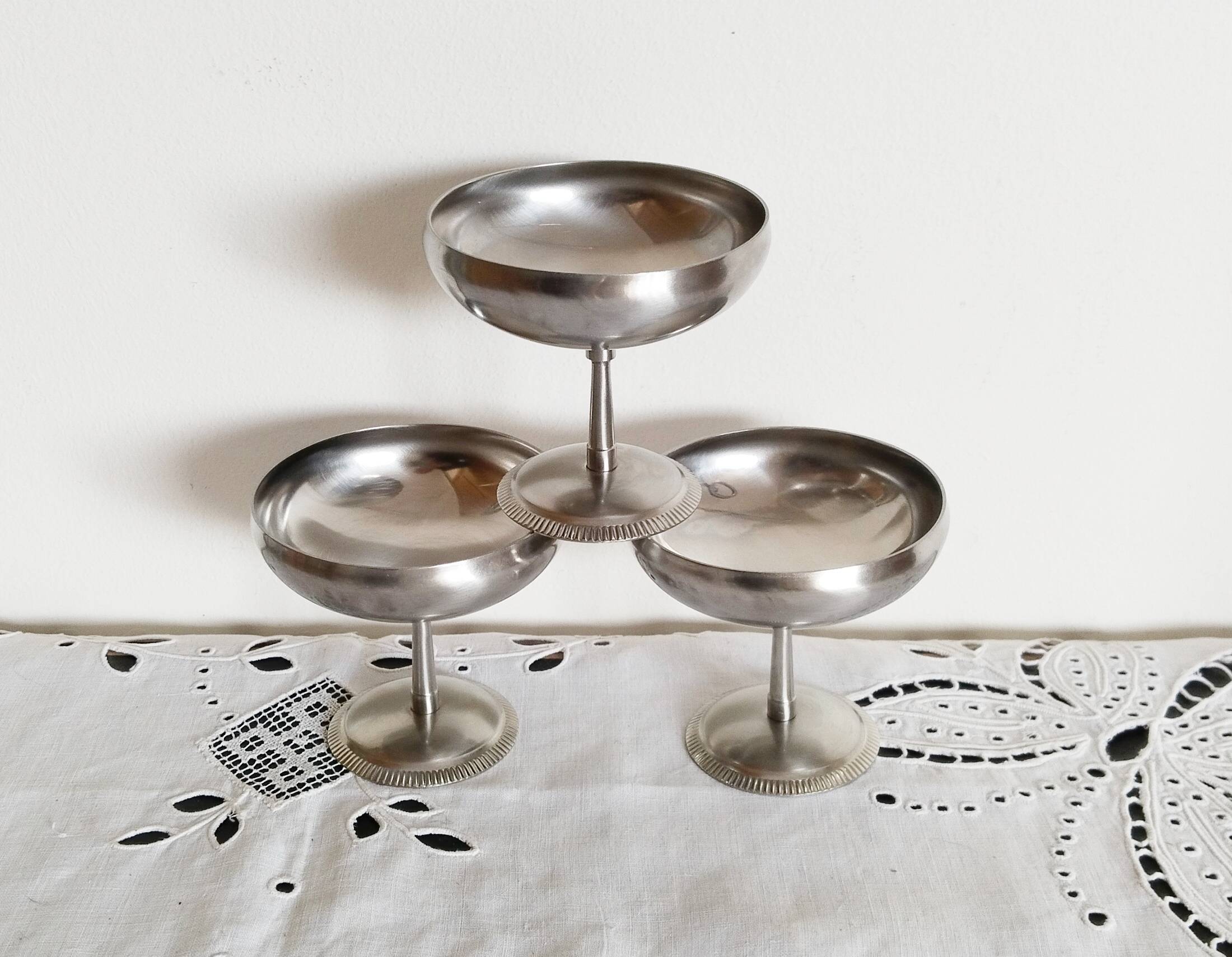 Lot de 3 coupes à glace ou sorbet  , vintage , en inox 18/10, Létang Rémy