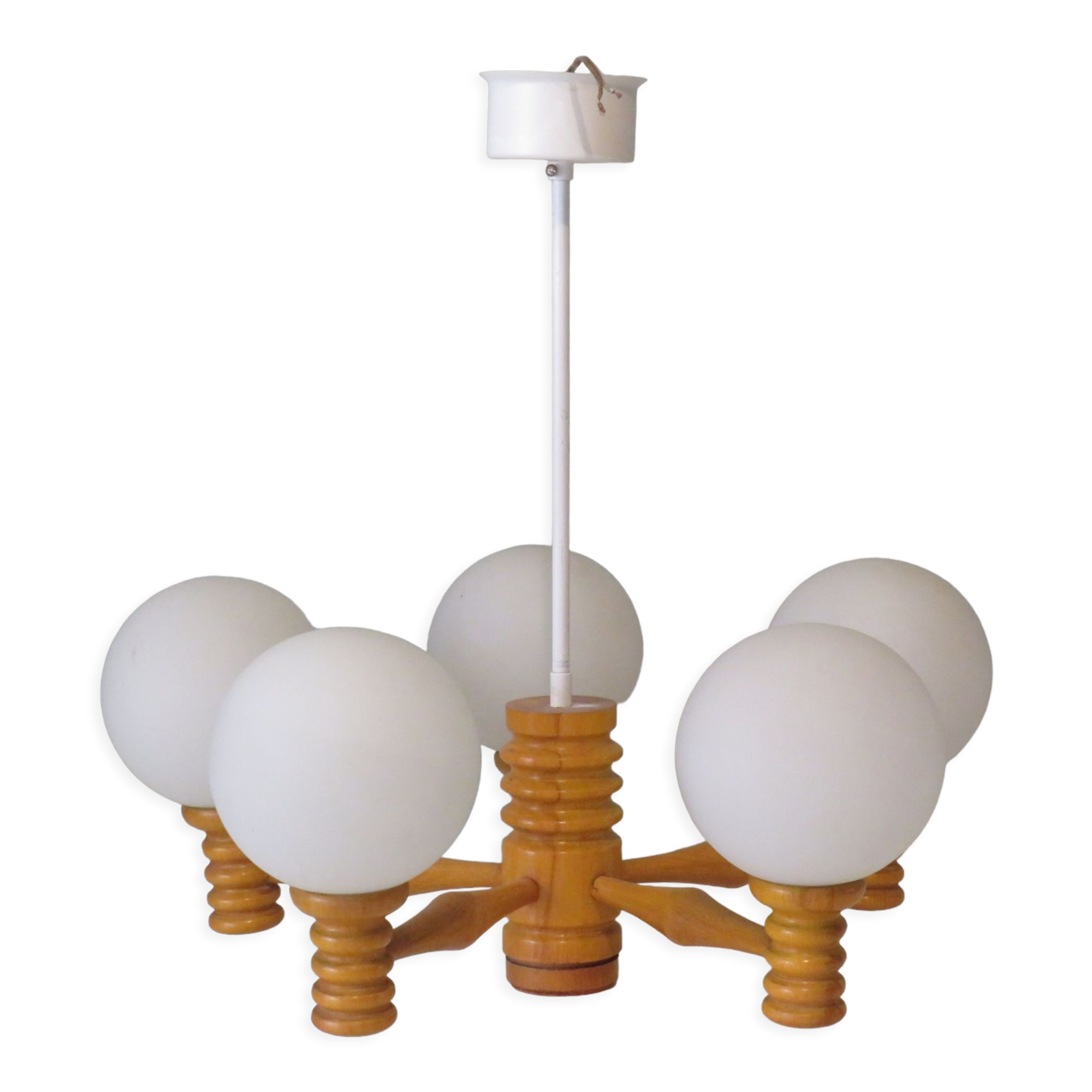 Space age chandelier in 5-arm wood with white frosted opaline glass spheres.