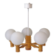 Space age chandelier in 5-arm wood with white frosted opaline glass spheres.
