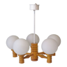 Space age chandelier in 5-arm wood with white frosted opaline glass spheres.